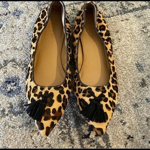 J CREW CALF HAIR TASSEL STRETCH FLATS IN LEOPARD PRINT